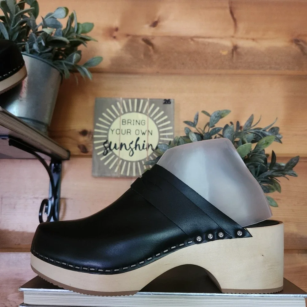 Aormatou Black Leather Wooden Penny Loafer Clogs Handmade Block Heel Shoes Sz 8 - Picture 2 of 7